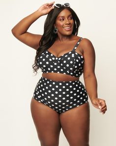 We're in love with Louise! These cheerful polka dot swim bottoms from Unique Vintage will highlight your sultry curves with their classic high-waisted style and adorable faux buttons on the back. Plus, they’re fully lined for extra comfort so you can feel secure all day long. All the pin-ups adore Louise - get yours before it's too late! Available in sizes XS-3X while supplies last. These plus-size swim bottoms are a must-have from our extended size swimwear collection. Unique Vintage Unique Vintage Black & White Polka Dot High Waist Louise Swim Bottoms | Polka Dot, Black | Swimsuits | Materials & Care Instructions: ['82% Nylon, 18% Spandex', 'Hand wash', 'Imported'] Unique Swimsuits, Plus Size Blazer, Vintage Plus Size, Swimsuit Material, Vintage Swim, Modest Swimsuits, Plus Size Swim, High Waist Fashion, Plus Size Black