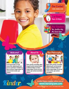 Childcare Nursery Flyer Childcare Advertising Ideas, Kindergarten Advertising Design, Daycare Flyers Templates Free, Daycare Advertising Flyers, Preschool Set Up, Graphic Design School