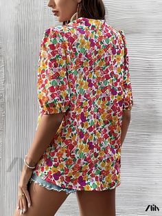 Zlily - Stylish Floral Print Button Front V-Neck Blouse: Comfortable Lantern Sleeve Blouse Ideal for Spring & Summer, Womens Fashion V-neck Beach Top With Button Closure, Summer Blouse With Split Neck And Buttons, Summer Split Neck Blouse With Buttons, Summer Multicolor Split Neck Tops, Chic Multicolor Top With Split Neck, Chic Multicolor Split Neck Tops, Multicolor Split Neck Summer Top, Multicolor Split Neck Top For Summer, Spring Split Neck Tops With Buttons