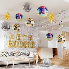 a living room filled with lots of disco balls