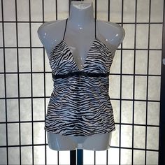 Ladies Sleeveless V-Neck Top With Spaghetti Straps Around The Neck Is Formfitting Has A Black Accent Tie Around The Waist And Has A Side Zipper Closure By Guess Size Large Triangle Top Camisole, Fitted Triangle Top Camisole, V-neck Halter Top With Built-in Bra For Vacation, Beach Halter Top With V-neck And Built-in Bra, Beach Halter Top With Built-in Bra And V-neck, Fitted V-neck Tank Top For Beach, Chic Sleeveless Tankini With Built-in Bra, Fitted Halter Neck Camisole For Vacation, Fitted Halter Neck Camisole For The Beach