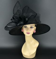 ✿*.Key Features.*✿ This is a wide brim hat with same color big sinamay bows and crin bow, very elegant and beautiful.  Great for Kentucky derby, weddings, church, Easter, Royal Ascot, horse races, cocktails, tea party, or any hat wearing occasion. Hat base size: From front to back: 17.75" (45cm) From left to right: 19" (48cm) Wide brim Appr: 5.12~6.5" Head girth: 22.5" (57cm) , adjustable string inside to make smaller to fit your head. If you want other colors in this style, just search the same item code in my store, you will find them. ✿*.Tip.*✿ ❣️If you want a customized piece, please follow the instructions below: 🔹Present style of hat or fascinator you would like from the store, with additional photos of your outfit and any other details you'd like me to know. 🔹After this process is Black Wide Brim Boater Hat For Church, Black High Crown Hat For Races, Black Hat With Curved Brim For Royal Ascot, Black Curved Brim Hat For Royal Ascot, Fedora Straw Hat For Kentucky Derby Evening, Evening Fedora Straw Hat For Kentucky Derby, Elegant Wide Brim Fedora For Kentucky Derby, Evening Brimmed Fedora For Kentucky Derby, Black Wide Brim Hat For Royal Ascot