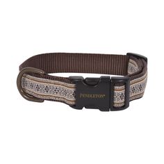 a dog collar with a brown and white pattern on the collar, it has a metal buckle