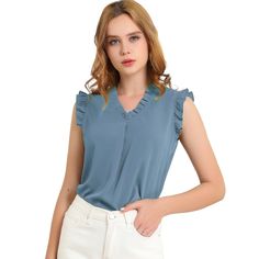 This vintage shirt is designed with a ruffled v-neck and solid color, especially for a professional look at work. The ruffle trim and sleeveless design would show demure, feminine grace and also lend shape and texture. Perfectly match skinny pants or pair this shirt with a pair of high heels to make an elegant look. V-neck Ruffled Blouse For Work, V-neck Ruffles Blouse For Work, V-neck Ruffle Blouse For Work, Casual Ruffled Tops For Office Wear, Business Tops, Chiffon Ruffle, Floral Print Blouses, Shop Blouses, Blouse Vintage