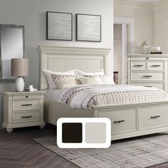 a white bed sitting in a bedroom on top of a wooden floor next to a dresser