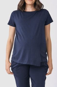 A petal-inspired silhouette allows for easy and discreet nursing in this short-sleeve top in a soft, stretchy knit. Crewneck Short sleeves 70% viscose, 25% cotton, 5% elastane Machine wash, tumble dry Imported Relaxed Fit Modal Top With Short Sleeves, Cotton Maternity T-shirt With Short Sleeves, Summer Maternity Stretch Tops, Nursing Friendly Maternity Top With Crew Neck, Maternity Nursing Friendly Crew Neck Tops, Nursing Friendly Crew Neck Maternity Tops, Nursing Friendly Short Sleeve Maternity T-shirt, Fitted Nursing-friendly Tops For Summer, Fitted Summer Nursing Friendly Tops