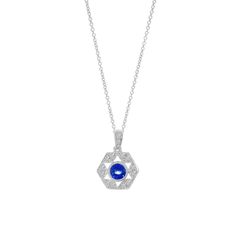 18K White Gold Round Blue Sapphire Center Stone 0.32 Total Sapphire Carat Weight 0.13 Total Diamond Carat Weight Stone Count: 16 Round Diamonds 18 Inch Total Chain Length Lobster Clasp Formal Blue Diamond Gemstone Necklace, Formal Blue Gemstone Diamond Necklace, Classic Blue Diamond Necklace With 17 Jewels, White Gold Hexagon Jewelry For Formal Occasions, White Gold Octagon Necklace For Formal Events, Elegant Octagon Gemstone Necklace, Formal Octagon Diamond-accented Necklaces, Elegant Octagon Birthstone Necklace, Formal White Gold Octagon Necklaces