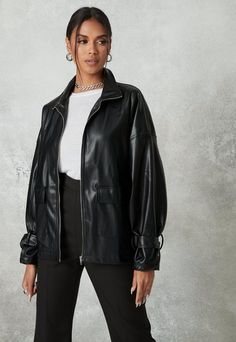 Trendy Oversized Leather Outerwear, Oversized Classic Leather Jacket With Pockets, Faux Leather Jacket Outfit, Sleek Black Leather Outerwear, Luxury Oversized Black Leather Jacket, Black Faux Leather Button-up Jacket, Summer Coats, Leather Pants Outfit