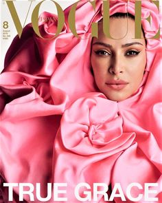 a magazine cover with a woman wearing a pink scarf on top of her head and the words true grace written below it