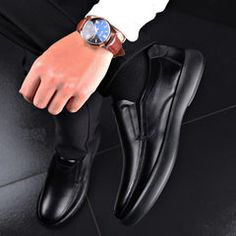 Black Slip-on Dress Shoes, Casual Black Slip-resistant Dress Shoes, Black Slip-on Loafers For Business, Black Leather Slip-on Shoes For Business, Black Leather Slip-resistant Loafers, Black Slip-on Leather Shoes For Business, Business Slip-resistant Round Toe Loafers, Black Business Slip-ons, Business Casual Black Leather Closed Toe Shoes