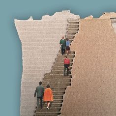 several people walking up and down stairs in front of a blue wall that has been torn apart