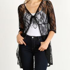 Lace, Sheer, Long Body Cardigan In A Loose Fit With An Open Front, Tie Closure, And 3/4 Length Sleeves, Lace, Poly 95% Spdx 5%. Made In Usa Black Open Front Top For Layering, Black Summer Cardigan For Day Out, Black Open Front Outerwear For Spring, Elegant Black Summer Outerwear, Black Open Front Summer Outerwear, Black Open Front Outerwear For Summer, Trendy Black Summer Outerwear, Black Open Front Top For Fall, Black Summer Outerwear For Night Out