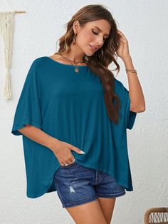 Women's Holiday Casual Solid Color Batwing Sleeve T-Shirt Teal Blue Casual  Three Quarter Length Sleeve Knitted Fabric Plain  Medium Stretch  Women Clothing, size features are:Bust: ,Length: ,Sleeve Length: Blue Solid Color Crew Neck Blouse, Casual Batwing Sleeve Knit Top, Casual Knit Top With Batwing Sleeve, Casual Knit Top With Batwing Sleeves And Relaxed Fit, Blue Casual Crew Neck Short Sleeve Top, Blue Stretch Crew Neck Top, Blue Crew Neck Top For Fall, Light Blue Stretch Crew Neck Top, Solid Color Stretch Tops With Batwing Sleeves