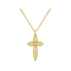 Keep your faith close to your heart when you don this 14k gold cross pendant. Keep your faith close to your heart when you don this 14k gold cross pendant. Pendant size: 1 1/4"L x 5/8"W Chain length: 18 in. Chain type: rope Clasp: spring-ring Metal: 14k gold Finish: polished Packaging: boxed Please note, due to the high value of this item, a signature may be required upon delivery. Size: 18". Gender: female. Age Group: adult. 14k Gold Cross Pendant Necklace For First Communion, 14k Gold Cross Necklace For First Communion, Gold Cross Pendant, Gold Cross, Ring Metal, A Signature, Metal Rings, Spring Rings, Chain Lengths