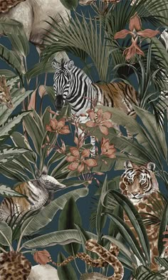 jungle tropical wallpaper Wildlife Wallpaper, Motif Jungle, Safari Wallpaper, Deco Jungle, Palm Leaf Wallpaper, Tropical Animals, Animal Print Wallpaper, Downstairs Loo, Navy Wallpaper