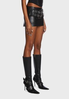 baddest in the game. This micro mini skort has a stretch vegan leather construction, a low rise fit, and a statement belt design with double grommet hardware. Black Leather Skirt Outfit, Outfit Mini Skirt, Kiss Outfits, Girls Outfit Ideas, Leather Skirt Outfit, Black Leather Skirt, Biker Babe, Pride Outfit, Micro Mini Skirt