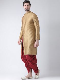 Item details Handmade Materials Imported Designer Banarasi Raw Silk Style : Ethnic Mens wear Dress Fabric -Imported,Style - Achkan Style kurta pajama Fabric - Banarasi Art Silk/ Raw silk Fabric Style - Dhoti Style Additional Information 1 : Mojris, Stoles, Turban And Other Accessories Are Not Sold Along With The Dress. Additional Information 2 : As This Sherwani/Waistcoat/Kurta Are Made As Per Orders So It Is Strictly Not Acceptable Once Get Delivered .So Kindly Choose Body Fit Size . Also We Ke Traditional Naqshi Wear For Navratri Festival, Raw Silk Straight Kurta Sherwani For Traditional Ceremonies, Ceremonial Churidar With Naqshi Straight Kurta, Raw Silk Sherwani For Traditional Ceremonies, Traditional Drape Bandhgala With Dabka Work For Navratri, Navratri Raw Silk Bandhgala With Dabka Work, Navratri Bandhgala With Dabka Work In Traditional Drape, Unstitched Raw Silk Bandhgala With Traditional Drape, Gold Bandhgala For Navratri Designer Wear