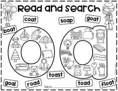 the letter o is for read and search with pictures on it, including words that spell out