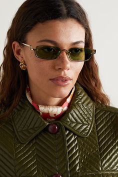 GUCCI EYEWEAR GG square-frame gold-tone sunglasses | NET-A-PORTER Sunglasses Outfit, Green Lenses, Gucci Eyewear, Gucci Sunglasses, Eyewear Womens, Luxe Fashion, Bags Designer Fashion, Exclusive Bag, Mr Porter