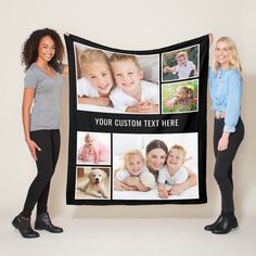 two women standing next to a pink blanket with photos on it and the words grandma's love you photo