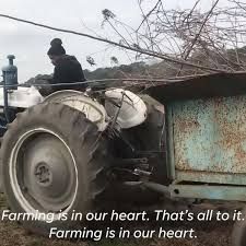 an old tractor is being pulled by a man on a farm with the words farming is in our heart that's all to it