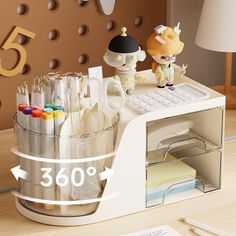 an office desk with various items on it and the price tag is 350 % off