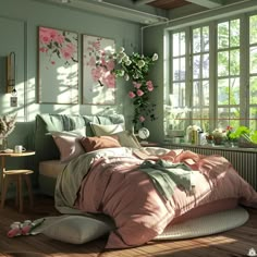 a bedroom with green walls and pink bedding in front of two large windows that have flowers on them