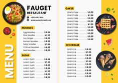 a menu for a restaurant with different food items and prices on the front page, including waffles