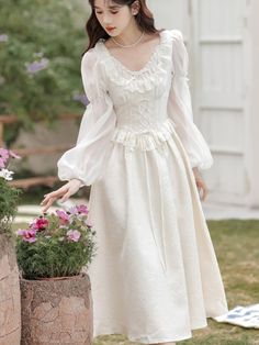 French Fairy Lantern Sleeve Midi Dress for Women Summer Elegant Retro Slim Sweet Party One Piece Fairy Lantern, Dresses Cottagecore, Cottagecore Dresses, Stylish Dresses For Women, Fairycore Dresses, Vestidos Retro, Fairy Lanterns, Midi Dress For Women, Sweet Party