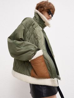 Reworked Bag, Padded Jacket Women, Panel Quilts, Padded Coat, Padded Jacket, Green Jacket, Winter Wear, Lapel Collar, Quilted Jacket