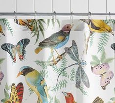 a shower curtain with colorful butterflies and moths on it, hanging from a metal rod