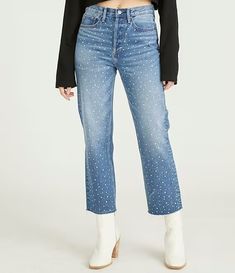 Driftwood Royce After Party Rhinestone Embellished Cropped Stretch Jeans | Dillard's Crystal Embellished Denim Jeans, Embellished High Rise Denim Jeans, High Rise Embellished Denim Jeans, Medium Wash Embellished Straight Leg Bottoms, Trendy Mid-rise Rhinestone Jeans, Fitted Embellished Medium Wash Jeans, Fitted Mid-rise Jeans With Rhinestones, Embellished Fitted Jeans For Fall, Fall Embellished Straight Leg Bottoms