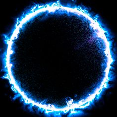 a blue fireball is in the middle of a black circle with white and blue flames around it