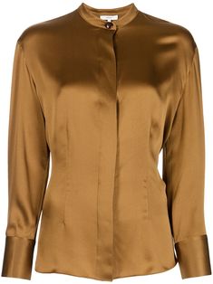 Whiskey-brown silk collarless silk shirt from VINCE featuring collarless, long sleeves, curved hem and high-shine finish. Vince Clothing, Brown Silk, Silk Shirt, High Collar, Whiskey, Colorful Shirts, Top Shirt, Long Sleeve Tops, Top Blouse