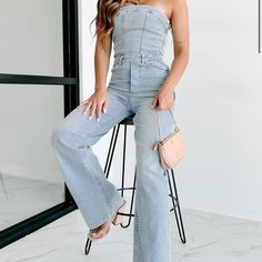 Nanamacs Women’s Denim Jumpsuit Chic High Rise Strapless Jumpsuit For Summer, Chic Strapless High Rise Jumpsuit For Summer, Chic Denim High Waist Jumpsuits And Rompers, Spring Light Wash Straight Leg Overalls, Chic High Rise Strapless Jumpsuit, Chic Denim Blue Wide Leg Jumpsuits And Rompers, Chic Medium Wash Wide Leg Denim Jumpsuit, Casual Strapless High Waist Jumpsuit For Spring, Chic Denim Blue Wide Leg Overalls