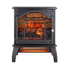 an electric fireplace heater with logs in the front and side panels on each side