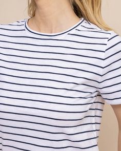 Coastal comfort is easy to achieve in a soft and standard striped tee. This soft cotton crewneck serves as the best base layer for an optimal oceanside outfit. Style: 10819 Navy Cotton Tops With Striped Hem, Navy Cotton Top With Striped Hem, Relaxed Fit Crew Neck T-shirt With Horizontal Stripes, Navy Crew Neck Top With Contrast Stripes, Casual Horizontal Stripe Pattern T-shirt For Everyday, Casual Striped T-shirt For Everyday, Casual Cotton Tops With Striped Hem, Casual T-shirt With Contrast Stripes, Relaxed Fit, Striped Nautical Tops For Summer