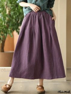 Olivia Mark - Vintage Coffee-Colored Linen Pleated A-Line Skirt with Folded Waist Detail Casual Solid A-line Maxi Skirt, Casual A-line Bottoms For Fall, Casual A-line Skirt With Elastic Waistband, Casual A-line Maxi Skirt In Solid Color, Casual A-line Maxi Skirt Solid Color, Solid Color Relaxed Fit Full Skirt Bottoms, Casual Non-stretch Full Maxi Skirt, Solid Color Relaxed Fit Full Skirt, Casual A-line Maxi Skirt With Elastic Waistband