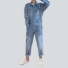 Our 2023 Spring-Summer Collection is here to bring back the nostalgia with these Nineties-inspired buttoned closure women's jeans overall! Bleached to perfection. these oversized denim shorts embody a rebellious attitude and grunge elegance. With their edgy distressed pattern and a blend of a resilient zipper and a stylish button. this is a dream denim come true!Unique Features: 90s Grunge Vibes ââ‚?Crafted to capture the spirit of the iconic '90s grunge movement. these shorts exude an effortles Casual Overalls With Buttons, High Rise Denim Jumpsuit With Pockets In Utility Style, Casual High-waisted Shortalls With Pockets, Casual Relaxed Fit Shortalls For Fall, Utility Overalls With Button Closure And Relaxed Fit, Relaxed Fit Light Wash Shortalls With Pockets, Casual Washed Blue Shortalls With Pockets, Trendy Relaxed Fit Jeans With Buttons, Utility High-rise Denim Jumpsuits And Rompers