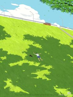 a painting of a person jumping in the air with a dog on a grassy hill