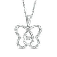 A special gift for a woman of any age, this charming diamond butterfly pendant from the Unstoppable Love™ Collection creates a wonderful memory. Crafted in sterling silver, this open papillon design features wings lined with sparkling diamonds. At its center, a single diamond glistens in a unique setting that moves with every beat of her heart and every turn of her head. Radiant with 1/8 ct. t.w. of diamonds and a bright polished shine, this pendant suspends along an 18.0-inch rope chain that se White Diamond Butterfly Charm Necklace, White Diamond Butterfly Necklace, Diamond Butterfly Necklace In Fine Jewelry Style, Diamond Butterfly Charm Jewelry, Diamond Jewelry With Butterfly Charm For Formal Occasions, Formal Diamond Jewelry With Butterfly Charm, Fine White Gold Butterfly Jewelry, White Diamond Butterfly Necklace As Gift, White Diamond Butterfly Necklace For Gift