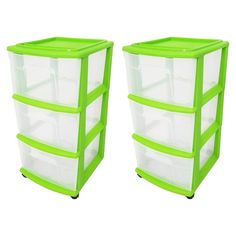 two plastic storage containers sitting side by side on casteors with wheels, each containing three different bins