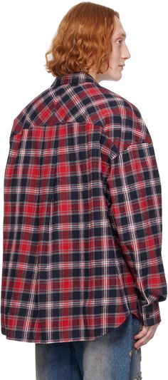 Oversized cotton flannel shirt. Check pattern throughout. · Spread collar · Button closure · Logo embroidered at chest · Shirttail hem · Raglan sleeves · Single-button barrel cuffs · Box pleat at back yoke Supplier color: Red Cotton Button-up Flannel Shirt For Daywear, Cotton Flannel Shirt With Button Cuffs, Cotton Flannel Shirt With Button Cuffs For Work, Plaid Cotton Tops With Button Cuffs, Red Checked Shirt, Juun J, Box Pleats, Check Shirt, Check Pattern