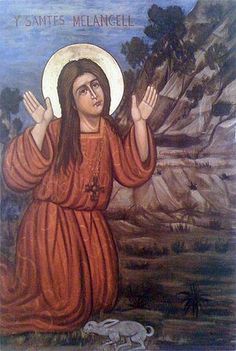 an image of the virgin mary with her hands up in front of mountains and trees