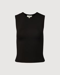 Black Casual Mock Neck Top, Casual Mock Neck Top In Solid Color, Casual Stretchy Mock Neck Top, Solid Fitted Sleeveless Muscle Tee, Fitted Sleeveless Muscle Tee, Black Fitted Sleeveless Mock Neck Top, Fitted Sleeveless Black Mock Neck Top, Black Fitted Tank Muscle Tee, Sleek Sleeveless Elastane Tank Top