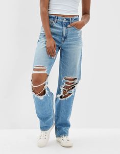 AE Strigid Ripped Highest Waist Baggy Straight Jean American Eagle Straight Leg Jeans, American Eagle Jeans Ripped, Ripped Baggy Jeans, Baggy Ripped Jeans, Bold Outfits, Drippy Outfit, Womens Ripped Jeans, Southern Outfits, Ae Jeans