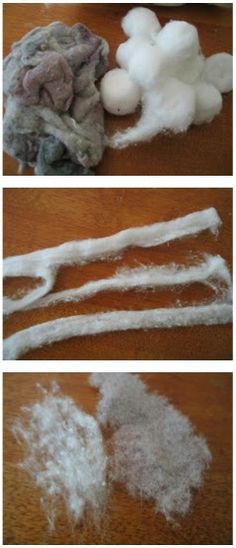 three pictures showing different stages of snowballing and how to make them look like they are made out of cotton balls