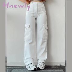 Hnewly Vintage Straight New Style Baggy Trousers Casual Pants Waist Pocket Denim Summer Women’s High Waist Cargo Pants, Trendy Summer Fits, Maternity Sweater Dress, Waist Cargo Pants, Cargo Pants Streetwear, Satin Shirts, White Vintage Dress, Vintage Boho Dress, Trousers Casual