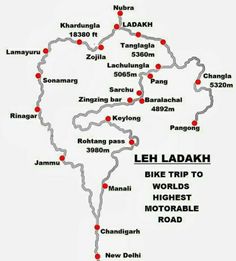 a map that shows the route to leh ladakh and other places in india