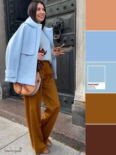 Light Colors Winter Outfit, Light Blue Outfit Color Combos, Light Summer Color Palette Winter Outfits, Light Blue And Navy Outfit, Blue Pants Outfit Winter, Light Blue And Brown Outfit, Color Matching Clothes Women, Blue Outfit Color Combos, Blue And Tan Outfit